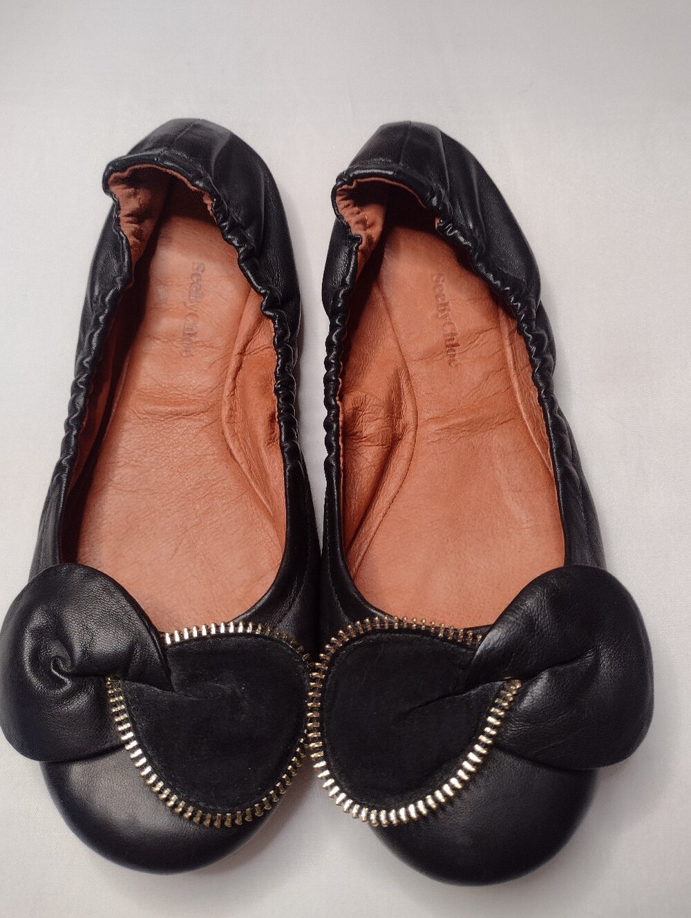 See By Chloe Clara Bow Zipper Ballet Flats Size 39.5   Black Leather Shoes  A9